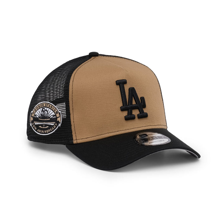 9FORTY A-Frame Trucker Los Angeles Dodgers Stadium 50th Anniversary Khaki Black Snapback