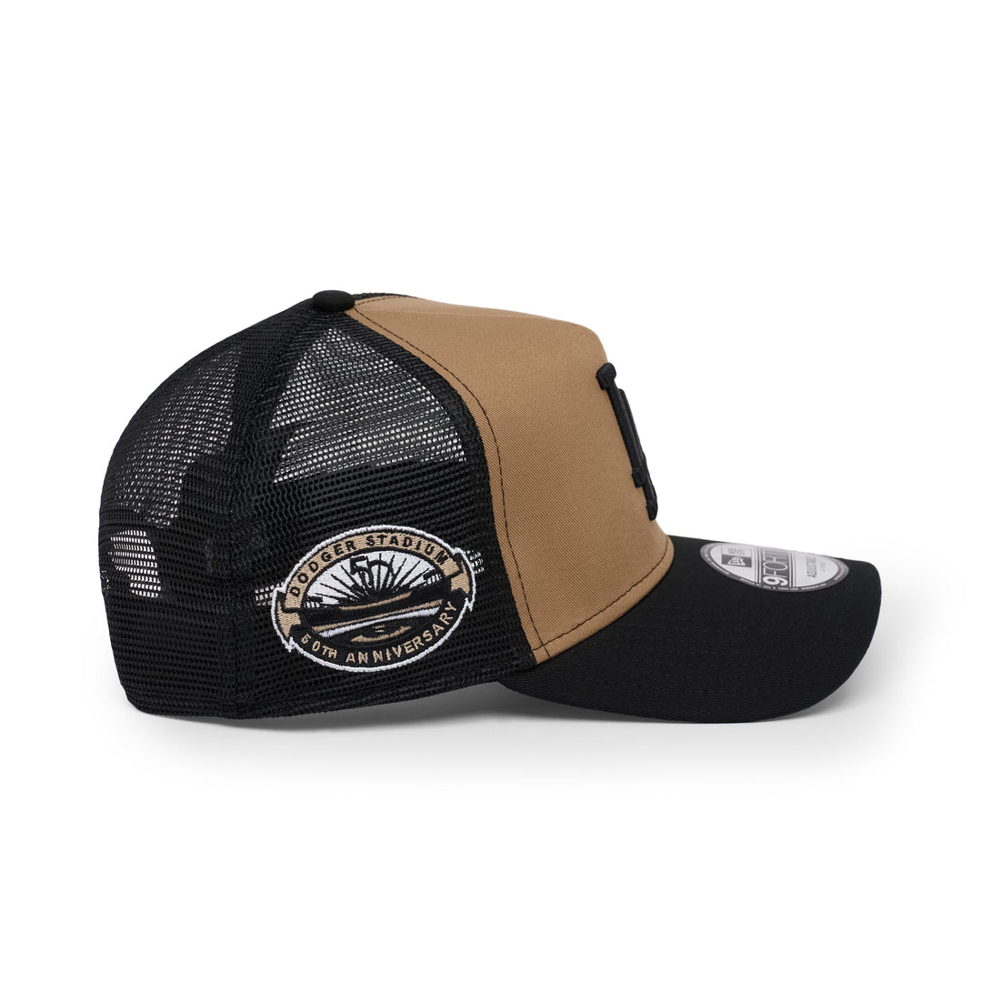 9FORTY A-Frame Trucker Los Angeles Dodgers Stadium 50th Anniversary Khaki Black Snapback