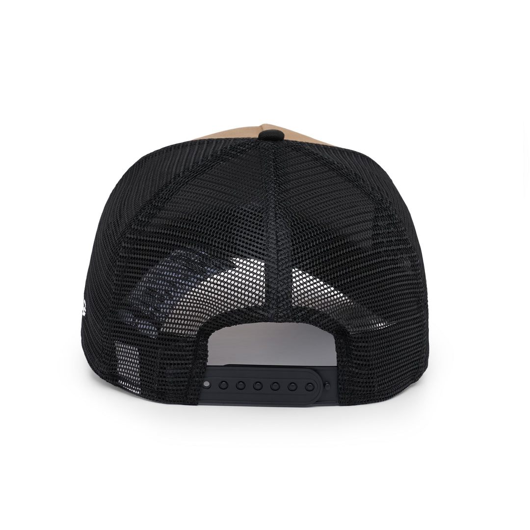 9FORTY A-Frame Trucker Los Angeles Dodgers Stadium 50th Anniversary Khaki Black Snapback