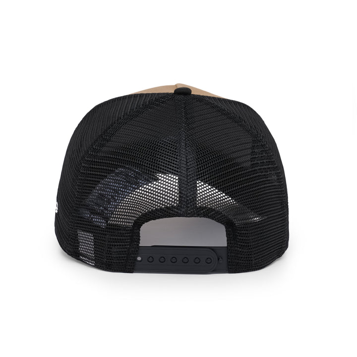 9FORTY A-Frame Trucker Los Angeles Dodgers Stadium 50th Anniversary Khaki Black Snapback