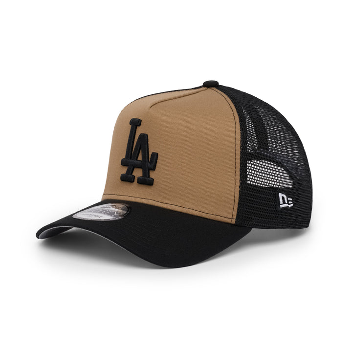9FORTY A-Frame Trucker Los Angeles Dodgers Stadium 50th Anniversary Khaki Black Snapback