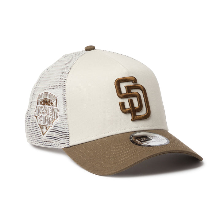 9FORTY A-Frame Trucker San Diego Padres Side Patch 2-Tone Moss Visor Stone Snapback