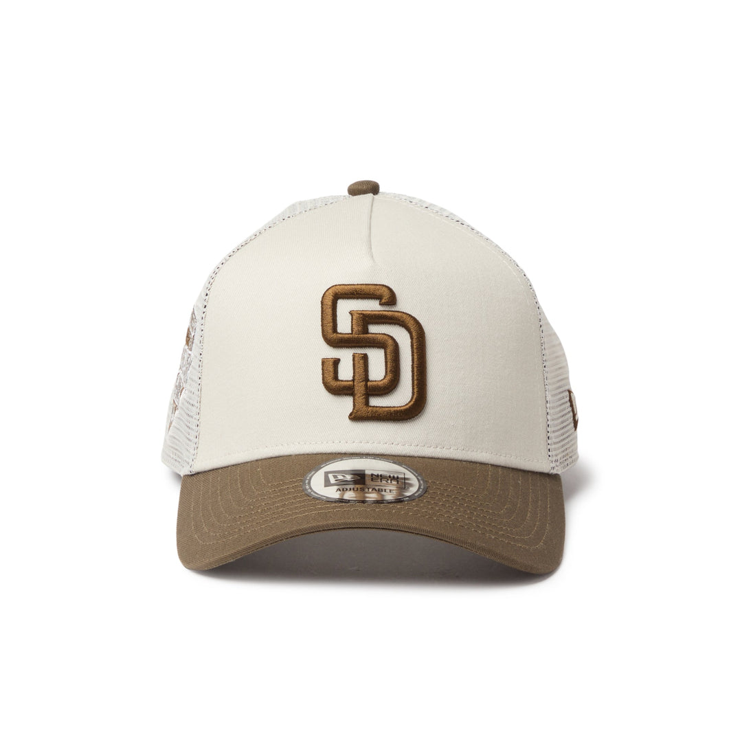 9FORTY A-Frame Trucker San Diego Padres Side Patch 2-Tone Moss Visor Stone Snapback