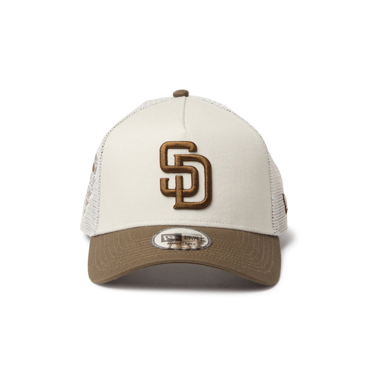 9FORTY A-Frame Trucker San Diego Padres Side Patch 2-Tone Moss Visor Stone Snapback