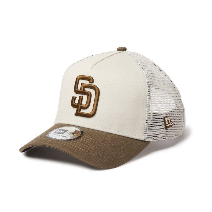 9FORTY A-Frame Trucker San Diego Padres Side Patch 2-Tone Moss Visor Stone Snapback