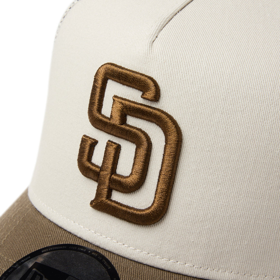 9FORTY A-Frame Trucker San Diego Padres Side Patch 2-Tone Moss Visor Stone Snapback