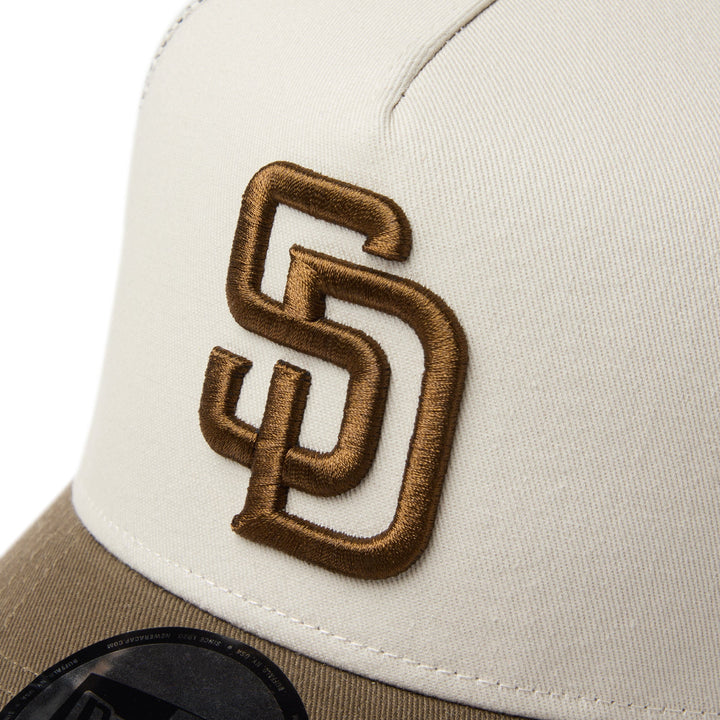 9FORTY A-Frame Trucker San Diego Padres Side Patch 2-Tone Moss Visor Stone Snapback