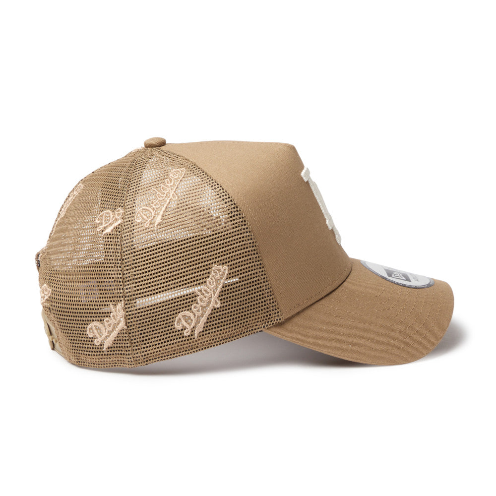 9FORTY A-Frame Trucker Los Angeles Dodgers Embroidered Mesh Khaki Snapback