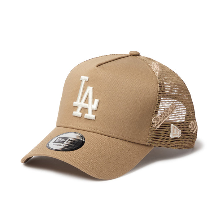 9FORTY A-Frame Trucker Los Angeles Dodgers Embroidered Mesh Khaki Snapback