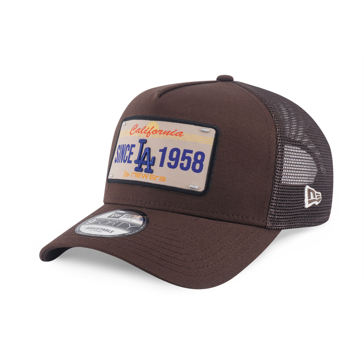 9FORTY A-Frame Trucker Los Angeles Dodgers License Plate Walnut Adjustable