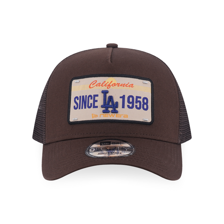 9FORTY A-Frame Trucker Los Angeles Dodgers License Plate Walnut Adjustable