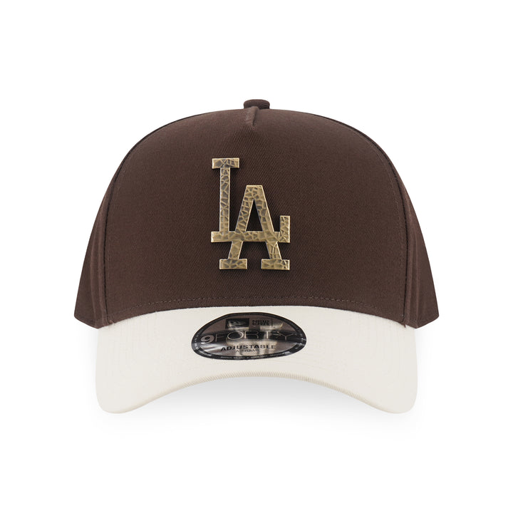 9FORTY A-Frame Los Angeles Dodgers Hammered Metal Badge 2-Tone Chrome White Visor Walnut Adjustable