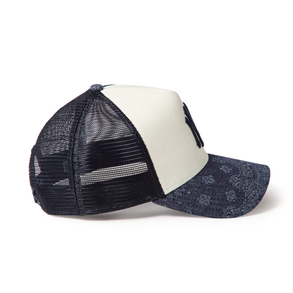9FORTY A-Frame Trucker New York Yankees Laser Burn Out Denim 2-Tone Denim Visor Chrome White Snapback