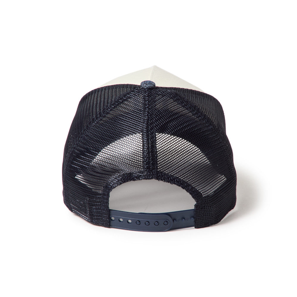 9FORTY A-Frame Trucker New York Yankees Laser Burn Out Denim 2-Tone Denim Visor Chrome White Snapback