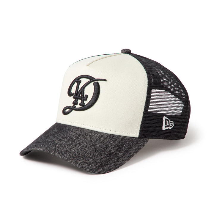 9FORTY A-Frame Trucker Los Angeles Dodgers City Connect Laser Burn Out 2-Tone Black Visor Chrome White Snapback