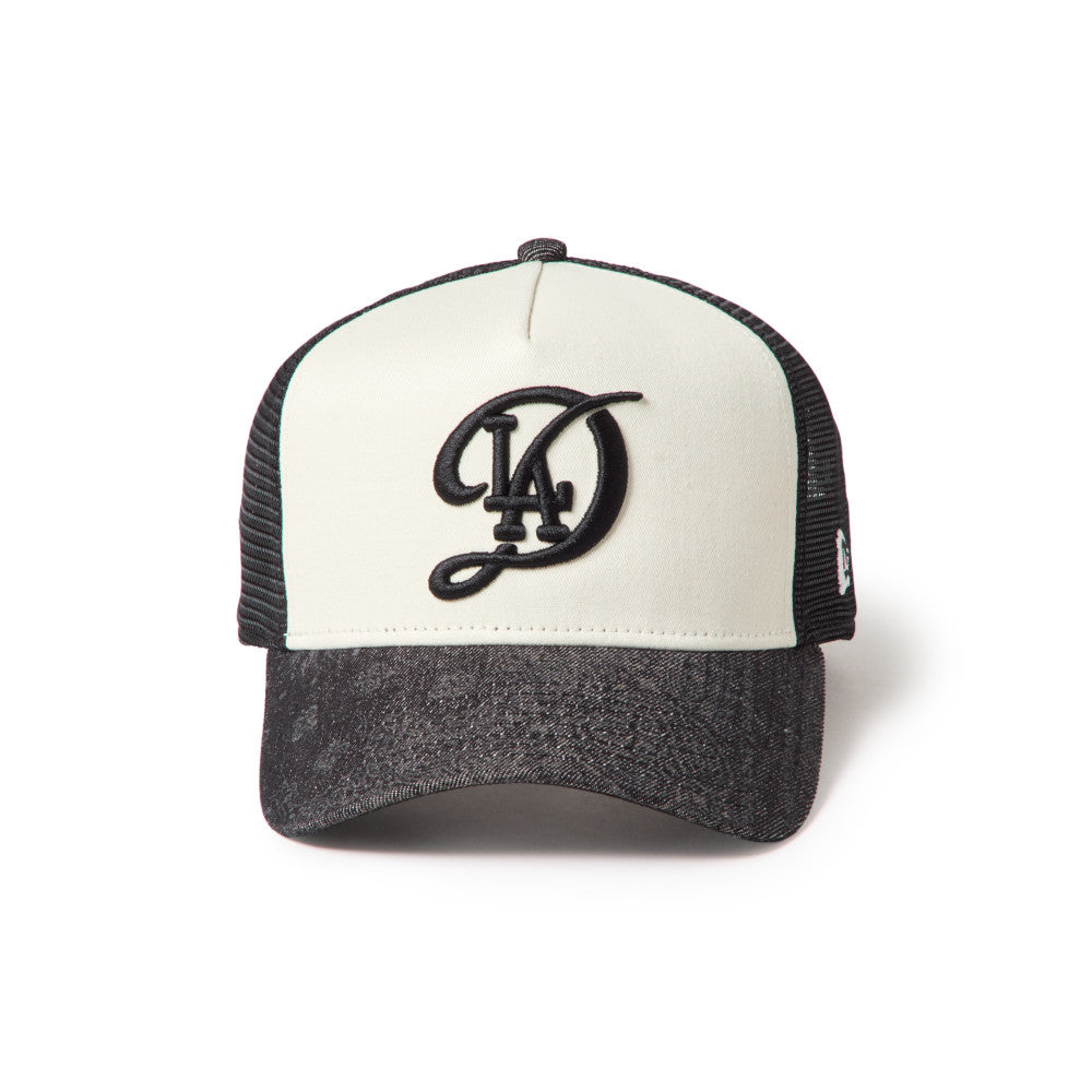 9FORTY A-Frame Trucker Los Angeles Dodgers City Connect Laser Burn Out 2-Tone Black Visor Chrome White Snapback