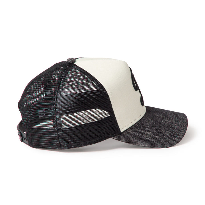 9FORTY A-Frame Trucker Los Angeles Dodgers City Connect Laser Burn Out 2-Tone Black Visor Chrome White Snapback