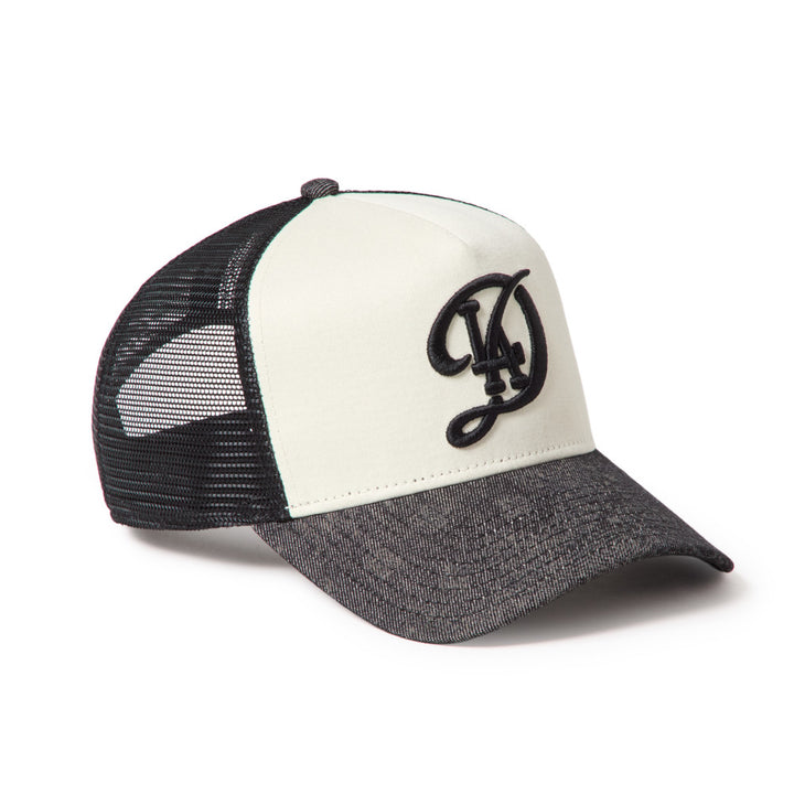 9FORTY A-Frame Trucker Los Angeles Dodgers City Connect Laser Burn Out 2-Tone Black Visor Chrome White Snapback