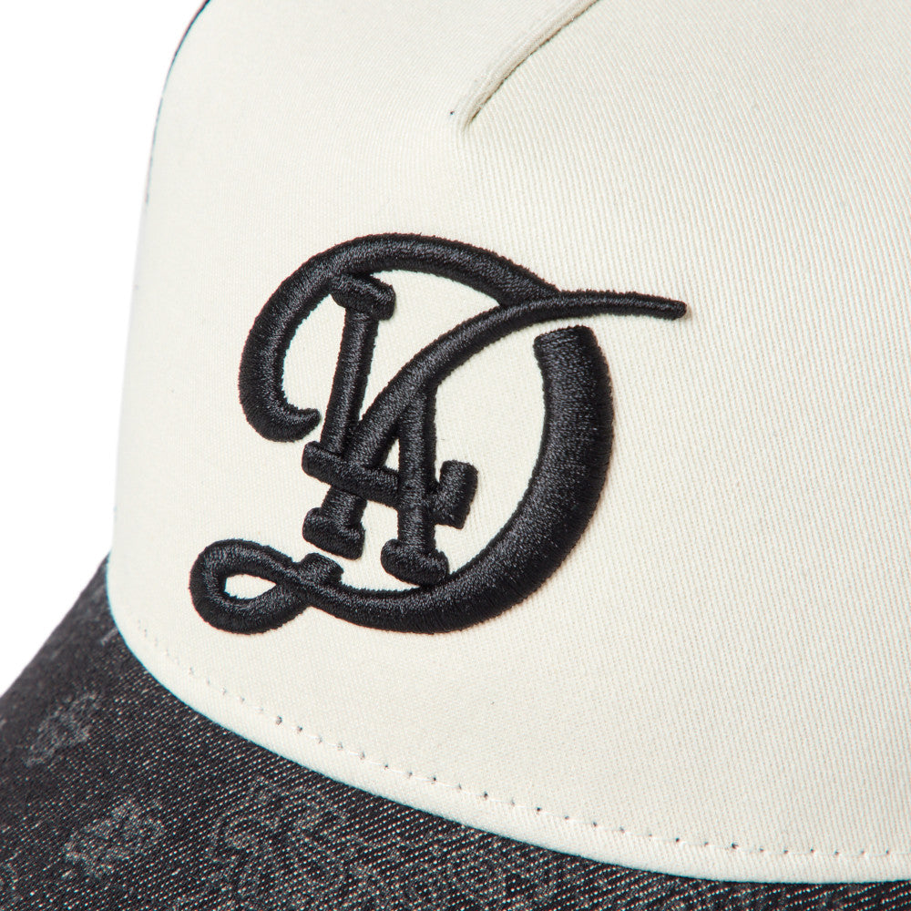 9FORTY A-Frame Trucker Los Angeles Dodgers City Connect Laser Burn Out 2-Tone Black Visor Chrome White Snapback