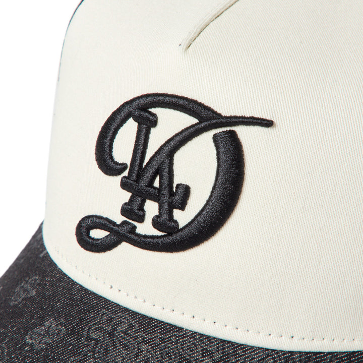 9FORTY A-Frame Trucker Los Angeles Dodgers City Connect Laser Burn Out 2-Tone Black Visor Chrome White Snapback