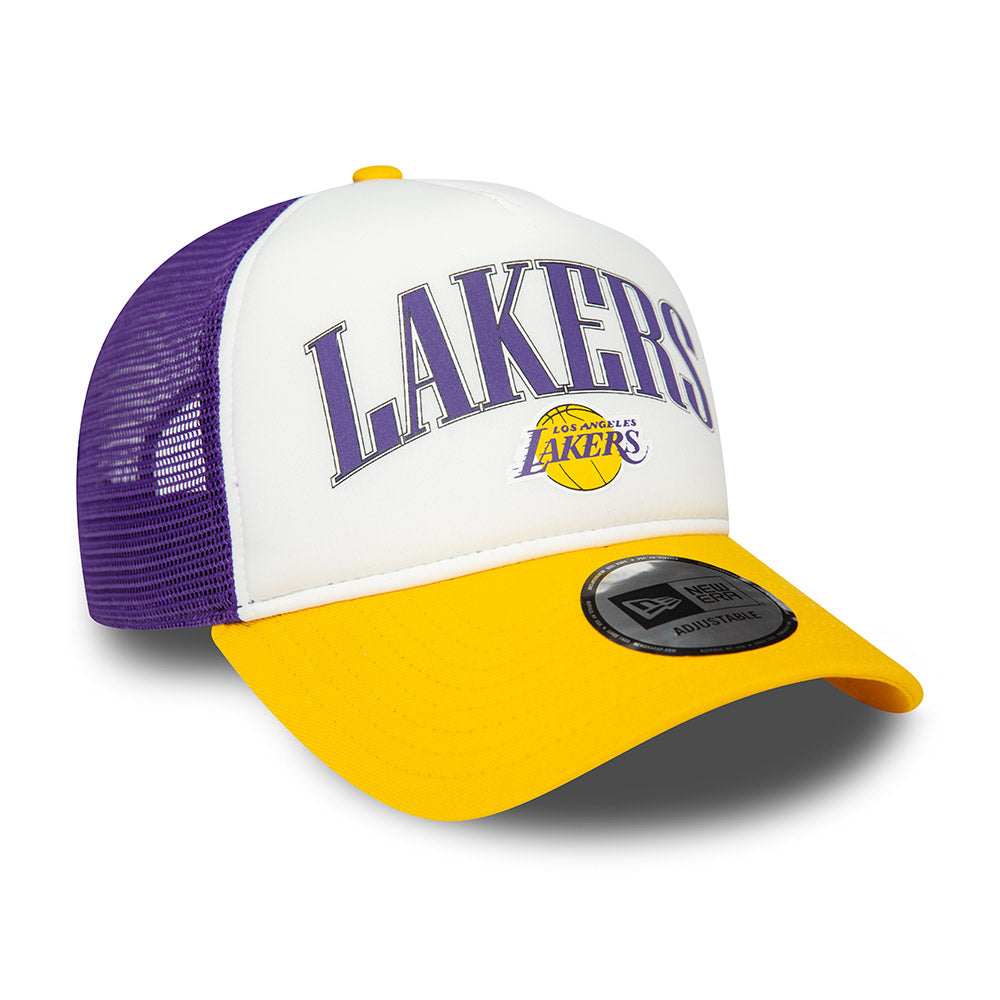 9FORTY E-Frame Trucker Los Angeles Lakers NBA Retro Graphic 2-Tone True Purple Rear White Snapback