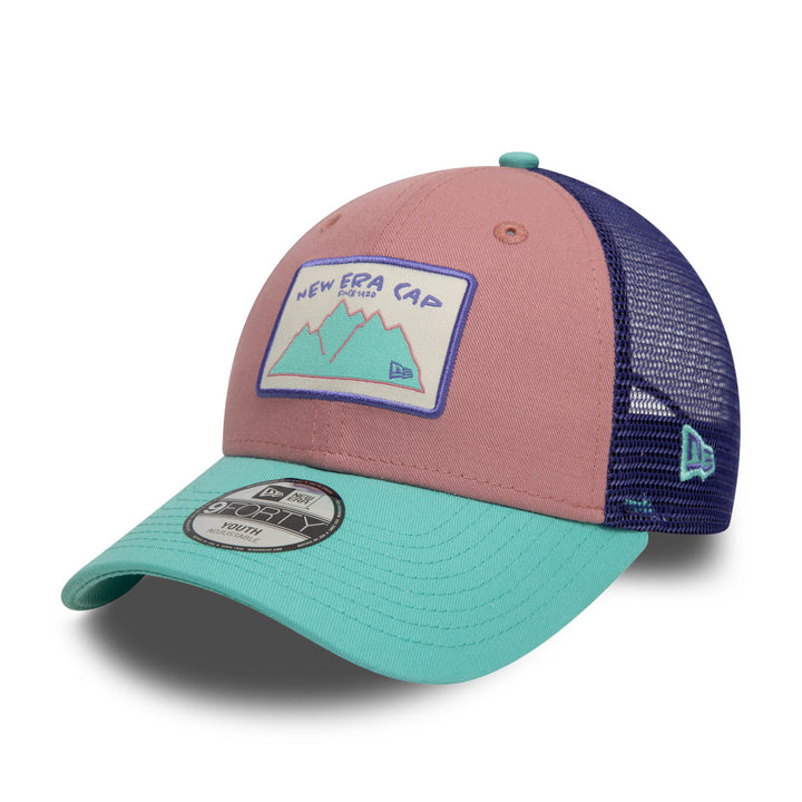 Kids 9FORTY Trucker New Era Mountain Patch 2-Tone Arctic Teal Visor Cosmetic Pink Snapback