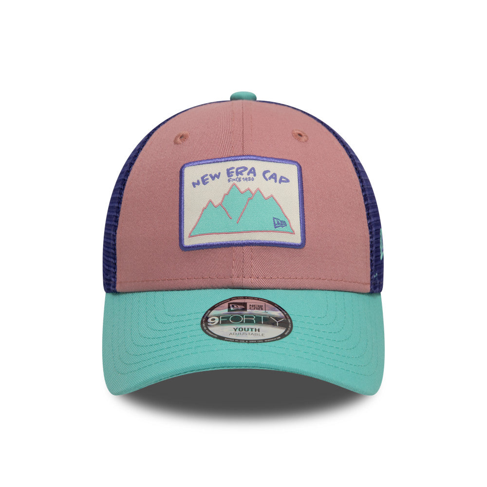Kids 9FORTY Trucker New Era Mountain Patch 2-Tone Arctic Teal Visor Cosmetic Pink Snapback