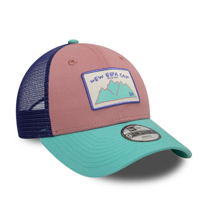 Kids 9FORTY Trucker New Era Mountain Patch 2-Tone Arctic Teal Visor Cosmetic Pink Snapback