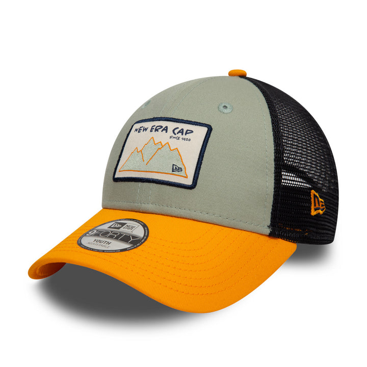 Kids 9FORTY Trucker New Era Mountain Patch 2-Tone Papaya Visor Everest Green Snapback