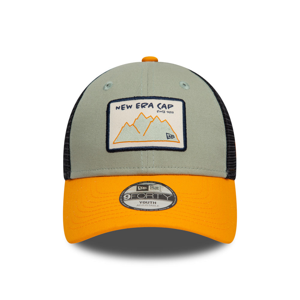 Kids 9FORTY Trucker New Era Mountain Patch 2-Tone Papaya Visor Everest Green Snapback