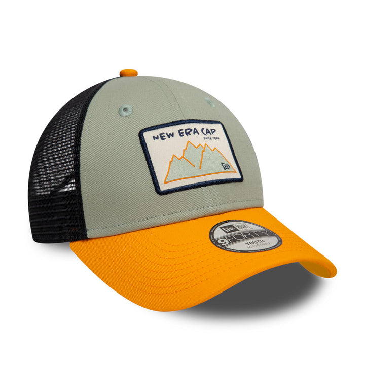 Kids 9FORTY Trucker New Era Mountain Patch 2-Tone Papaya Visor Everest Green Snapback