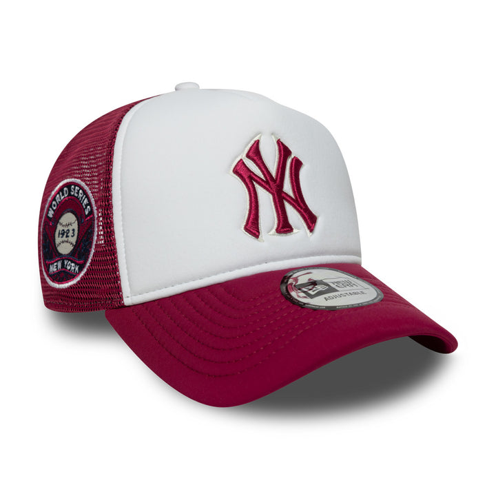9FORTY E-Frame Trucker New York Yankees Cooperstown World Series 2-Tone Cherry Jam Visor Optic White Snapback