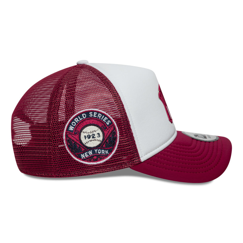 9FORTY E-Frame Trucker New York Yankees Cooperstown World Series 2-Tone Cherry Jam Visor Optic White Snapback