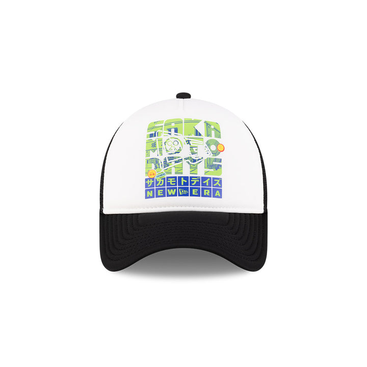 9FORTY A-Frame Trucker New Era x Netflix Sakamoto Days Wordmark Black White Snapback