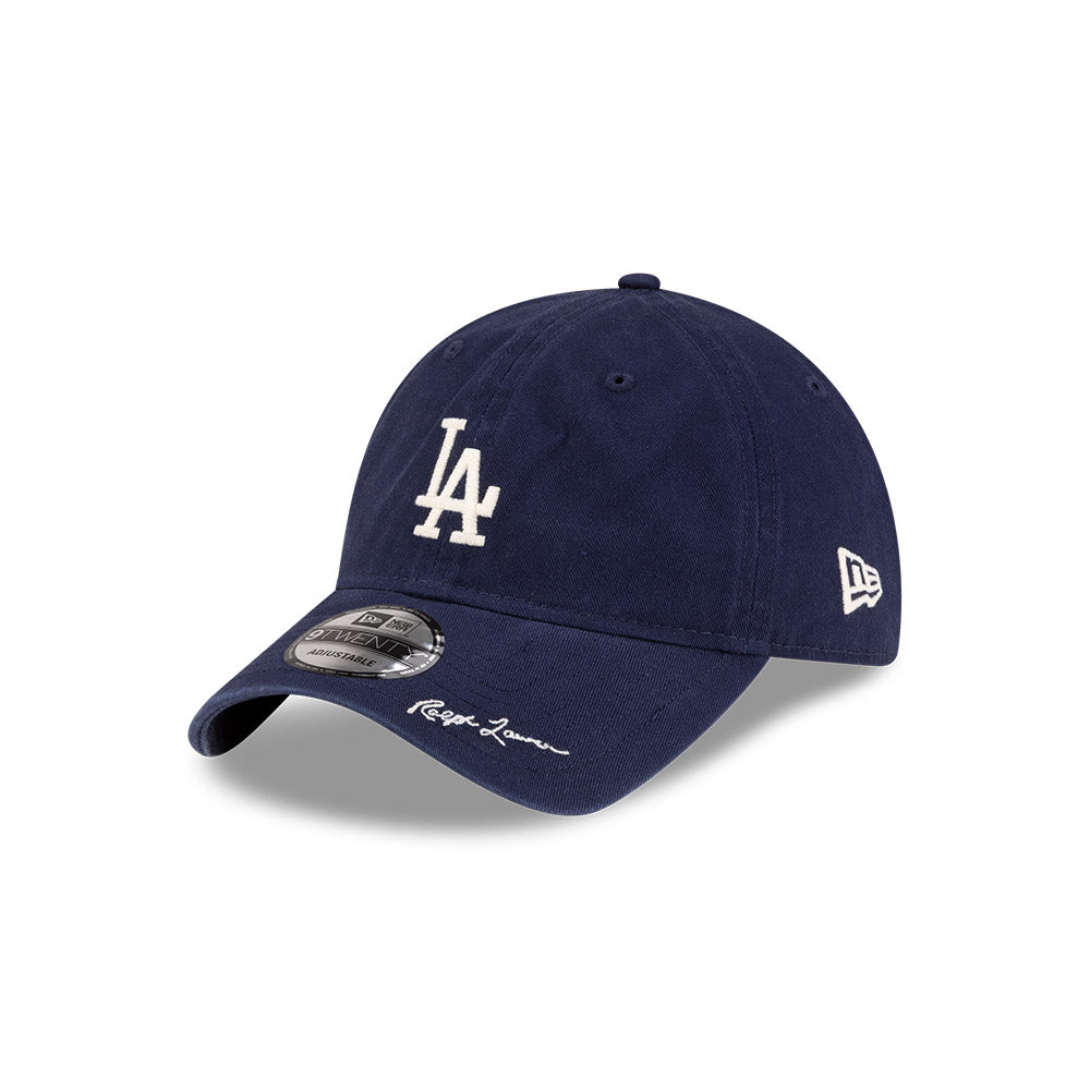Front right view of New Era x Ralph Lauren Dodgers 9TWENTY Navy Cap highlighting the Ralph Lauren script on visor