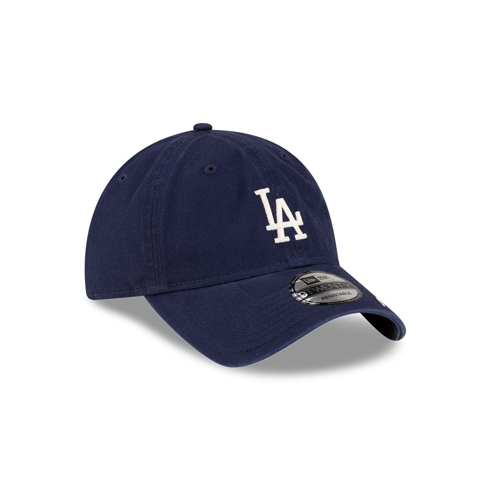 Front right view of New Era x Ralph Lauren Dodgers 9TWENTY Navy Cap highlighting the classic embroidered LA logo