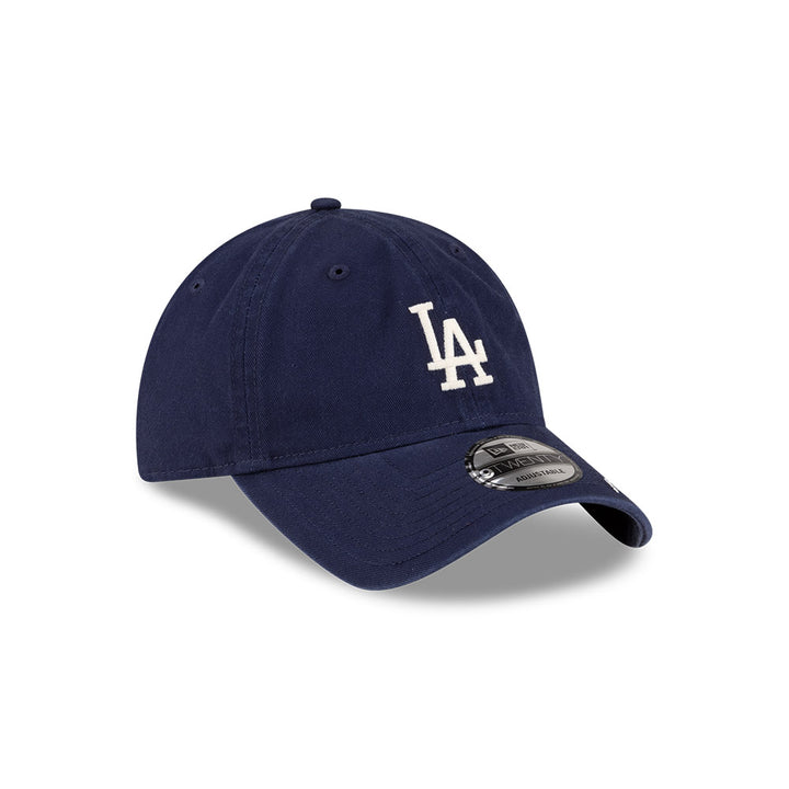 Front right view of New Era x Ralph Lauren Dodgers 9TWENTY Navy Cap highlighting the classic embroidered LA logo