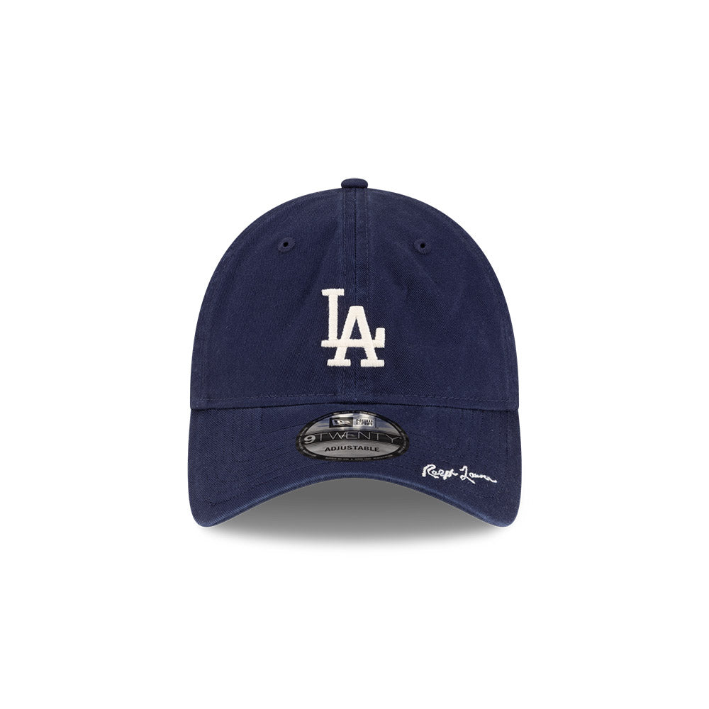 Front view of New Era x Ralph Lauren Dodgers 9TWENTY Navy Cap highlighting the Ralph Lauren script on visor