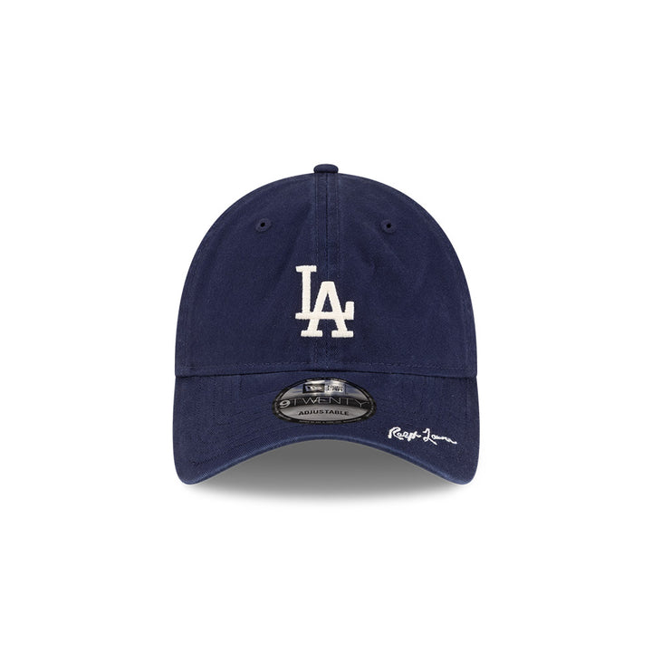 Front view of New Era x Ralph Lauren Dodgers 9TWENTY Navy Cap highlighting the Ralph Lauren script on visor