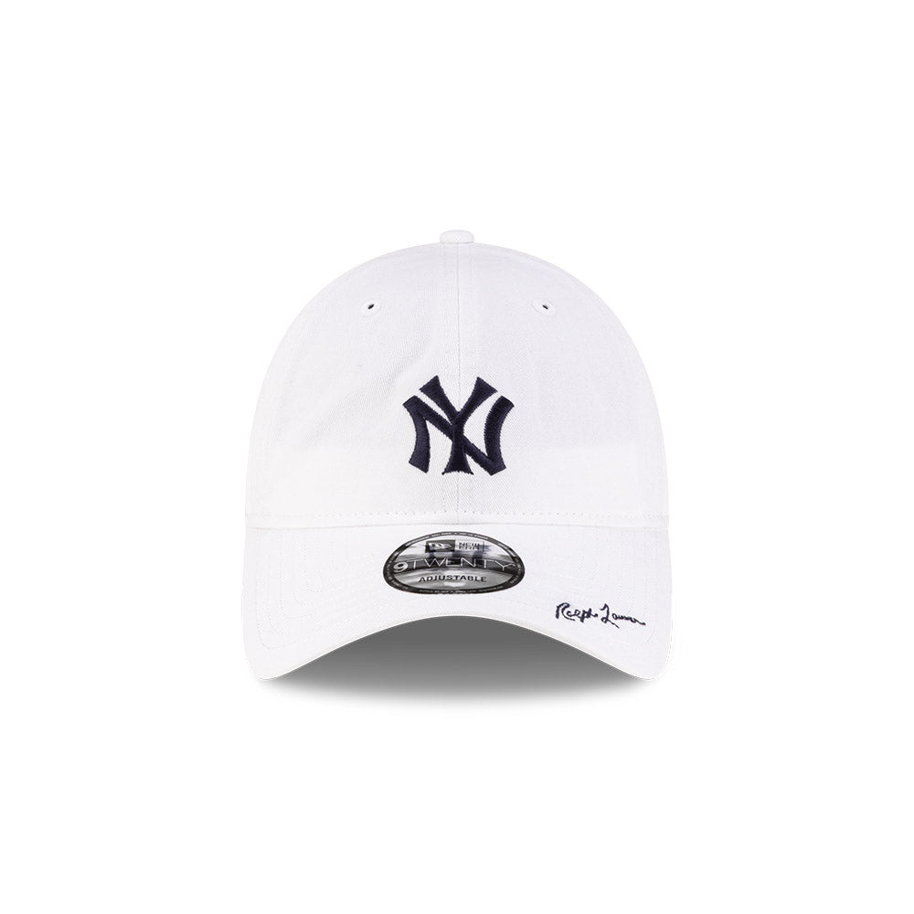 Front view of New Era x Ralph Lauren Yankees 9TWENTY White Cap highlighting the Ralph Lauren script on visor
