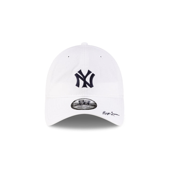 Front view of New Era x Ralph Lauren Yankees 9TWENTY White Cap highlighting the Ralph Lauren script on visor