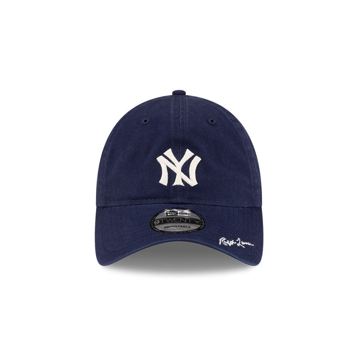 Front view of New Era x Ralph Lauren Yankees 9TWENTY Navy Cap highlighting the Ralph Lauren script on visor