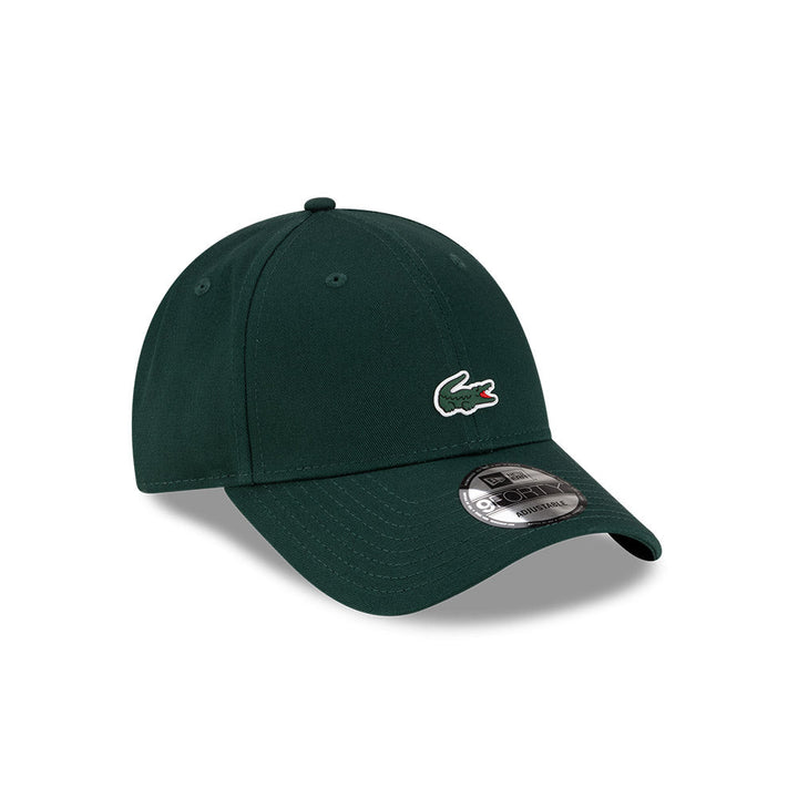 Front right view of New Era x Lacoste 9FORTY Core Dark Green Adjustable Cap displaying the classic crown.