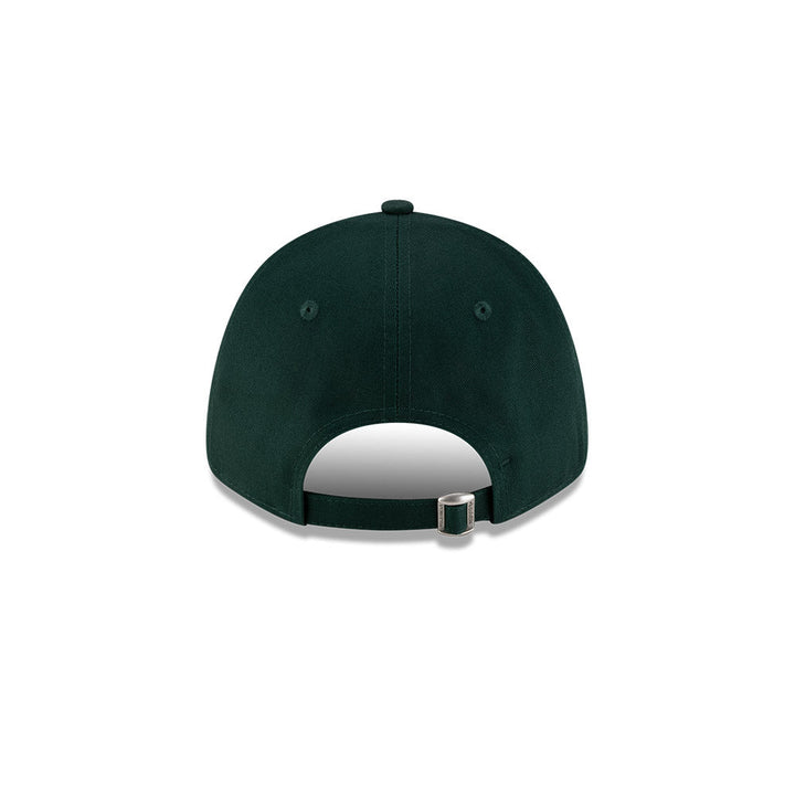 Rear view of New Era x Lacoste 9FORTY Core Dark Green Adjustable Cap showcasing cloth strapback and metal closure.