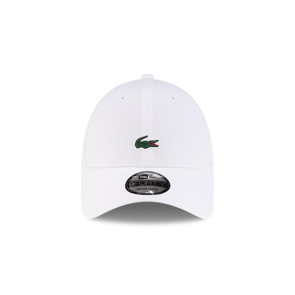 Front view of New Era x Lacoste 9FORTY Core White Adjustable Cap highlighting the centered crocodile logo