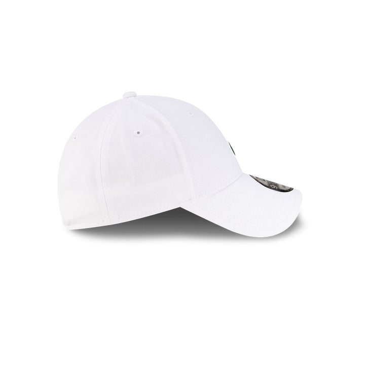 Right side profile view of New Era x Lacoste 9FORTY Core White Adjustable Cap showing pre-curved visor.