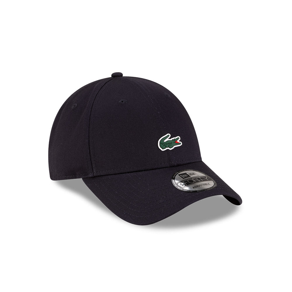 Front right view of New Era x Lacoste 9FORTY Core Navy Adjustable Cap displaying the classic crown.