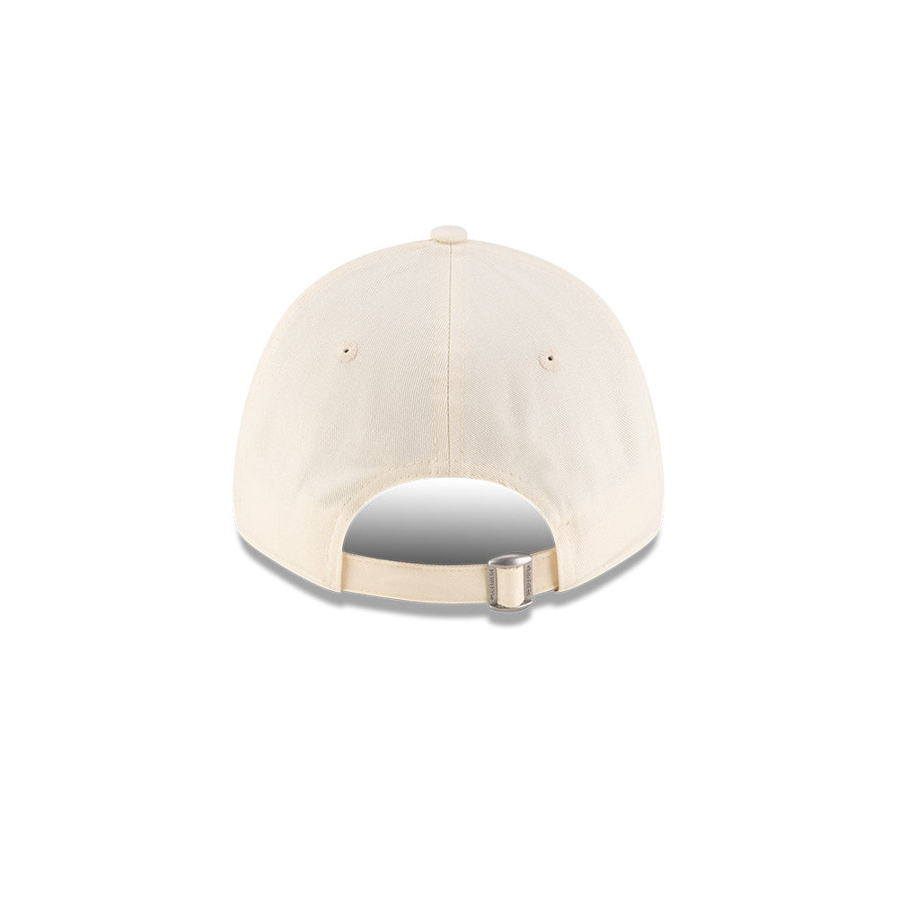 Rear view of New Era x Lacoste 9FORTY Women Core Light Beige Adjustable Cap showcasing cloth strapback and metal closure.