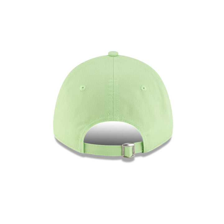 Rear view of New Era x Lacoste 9FORTY Women Core Pastel Green Adjustable Cap showcasing cloth strapback and metal closure.