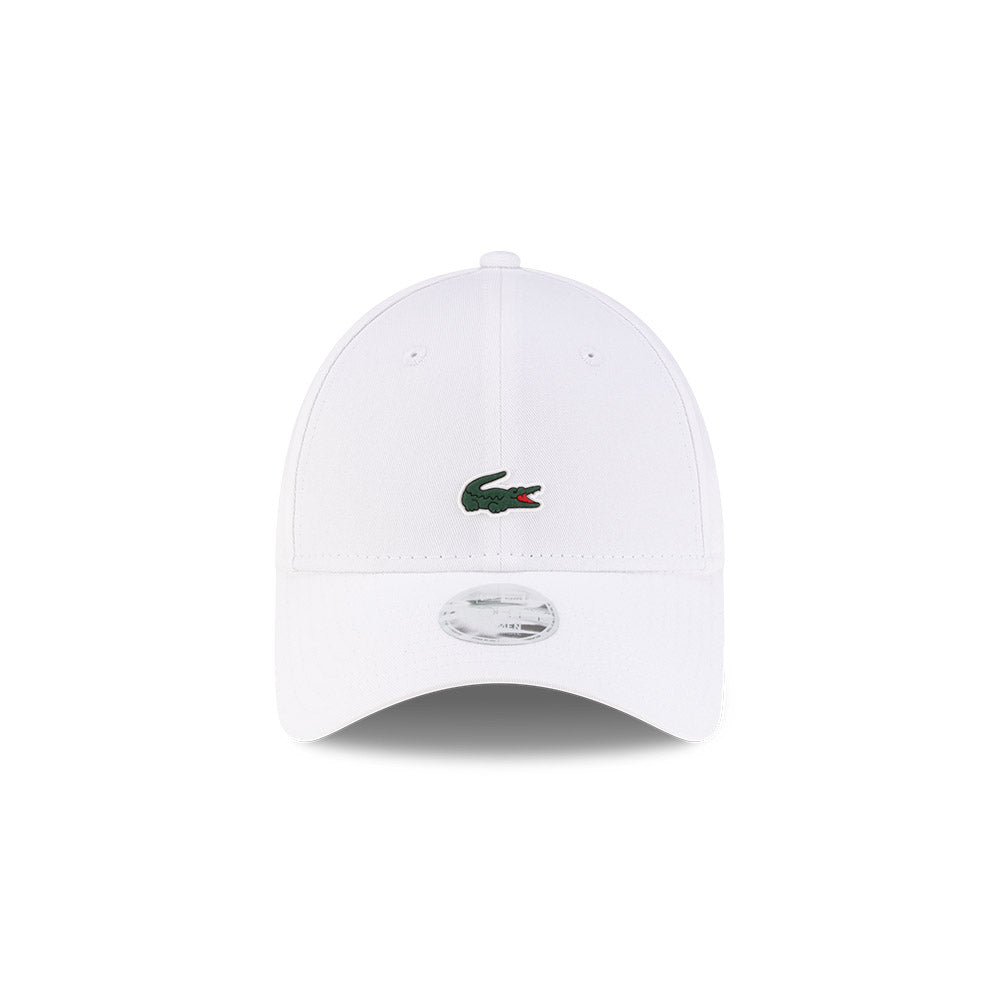 Front view of New Era x Lacoste 9FORTY Women Core White Adjustable Cap highlighting the centered crocodile logo